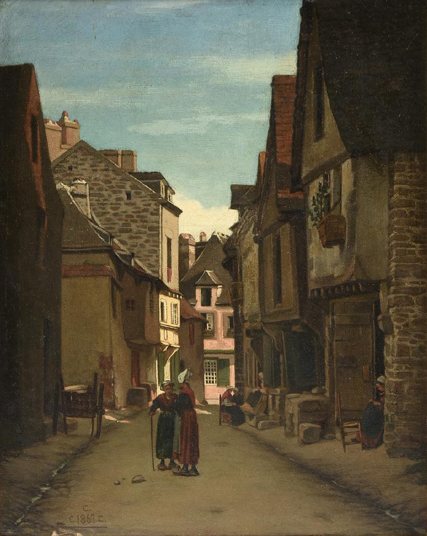 CHARLES CARYL COLEMAN (American/Italian 1840 - 1928) A: CHARLES CARYL COLEMAN (American/Italian 1840 - 1928) A PAINTING, "Meeting in the Street," oil on canvas, dated 1876 and signed L/L. 13" x 9 1/2"