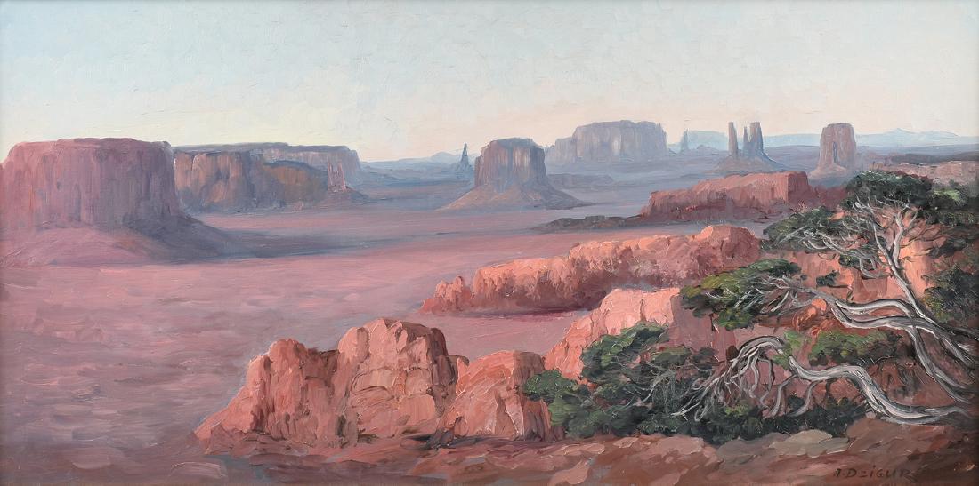 ALEXANDER DZIGURSKI (American 1911-1195) A PAINTING,: ALEXANDER DZIGURSKI (American 1911-1195) A PAINTING, "Monument Valley, Arizona," oil on canvas, signed L/R. 24" x 48"