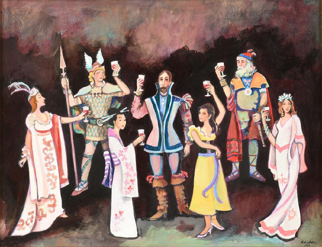 DAVID ADICKES (American b. 1927) A PAINTING, "The: DAVID ADICKES (American b. 1927) A PAINTING, "The Toast," acrylic, watercolor and graphite on paper, signed L/R. 20 1/2" x 26 1/2"