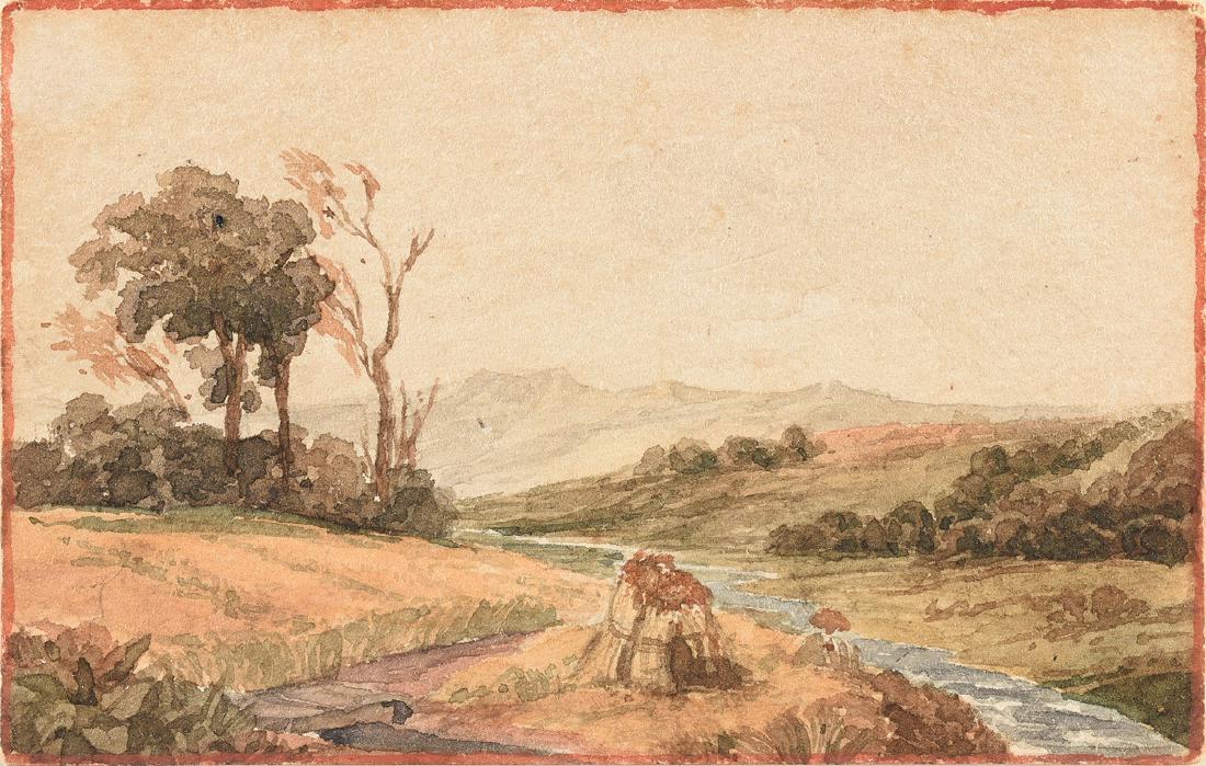 attributed to EDWARD LEAR (English 1812-1888) A: attributed to EDWARD LEAR (English 1812-1888) A PAINTING, "Landscape Scene," LATE 19TH CENTURY, inscribed at back, watercolor on card. 3" x 4 3/4" NOTE: Traveled extensively throughout the United King