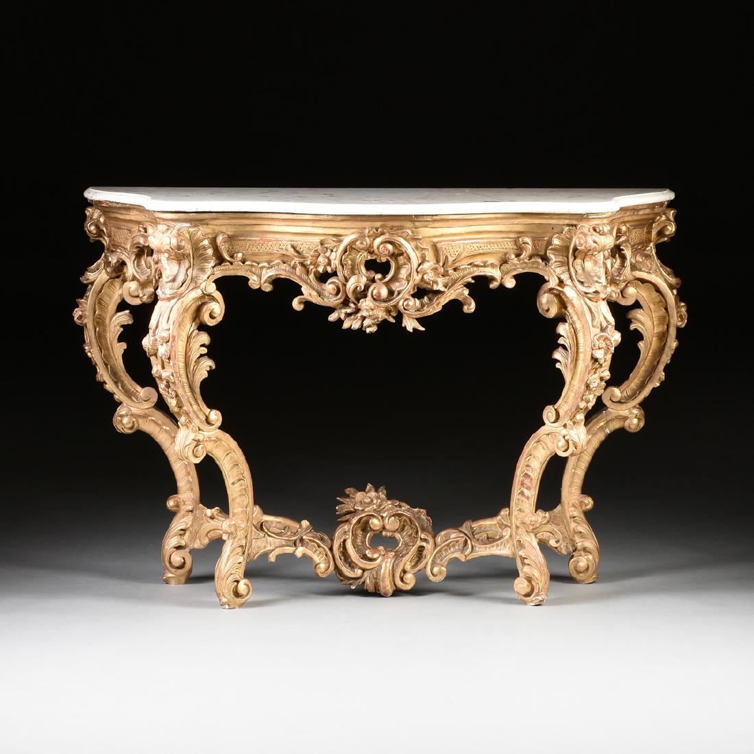 A ROCOCO REVIVAL STYLE PARCEL GILT CARVED WOOD AND (1 of 8)