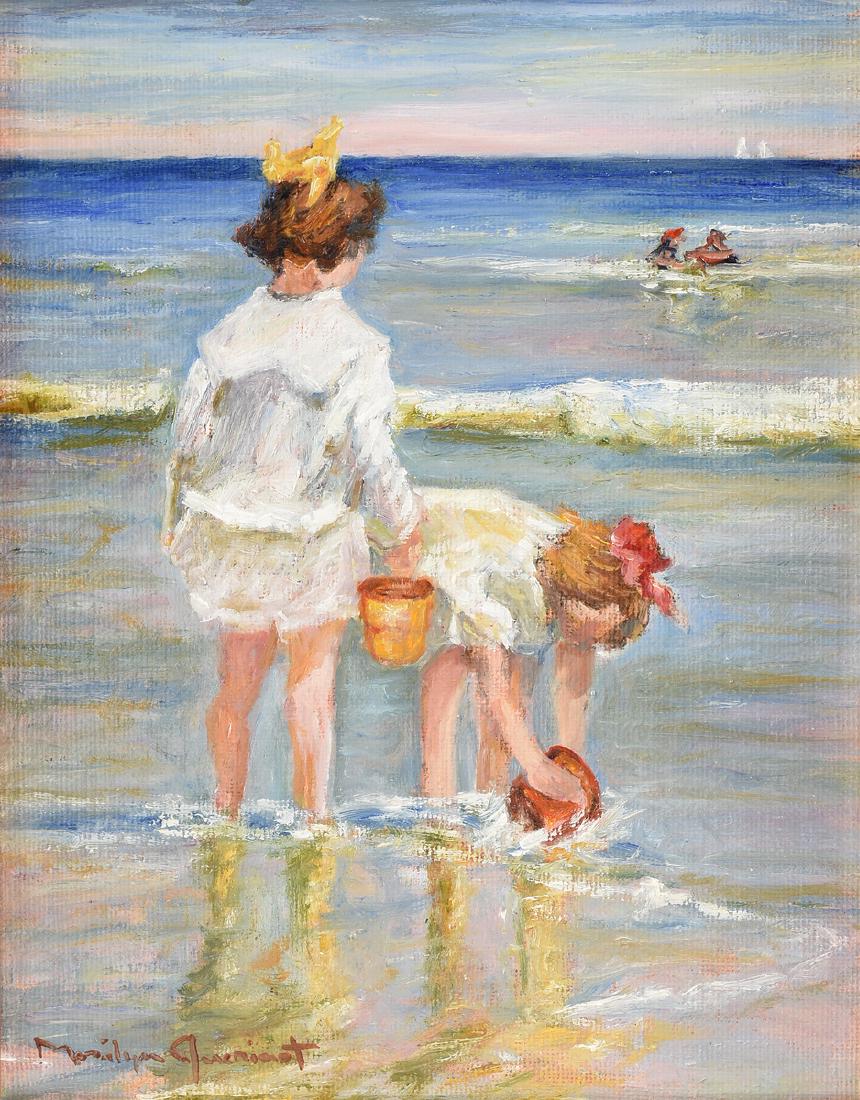 MARILYN GUERINOT (American b. 1947) A PAINTING,: MARILYN GUERINOT (American b. 1947) A PAINTING, "Wading," oil on canvasboard, signed L/L. 10" x 8"