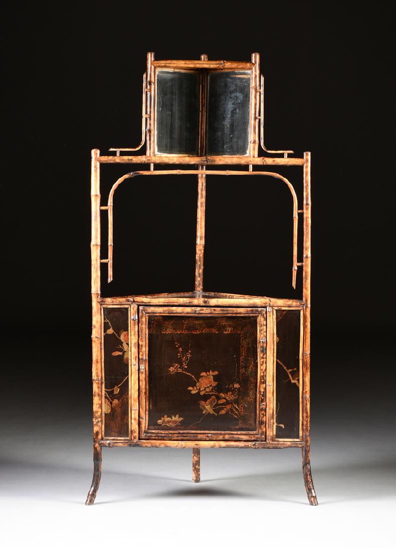 A VICTORIAN LACQUERED BURNT BAMBOO CORNER CABINET, (1 of 10)