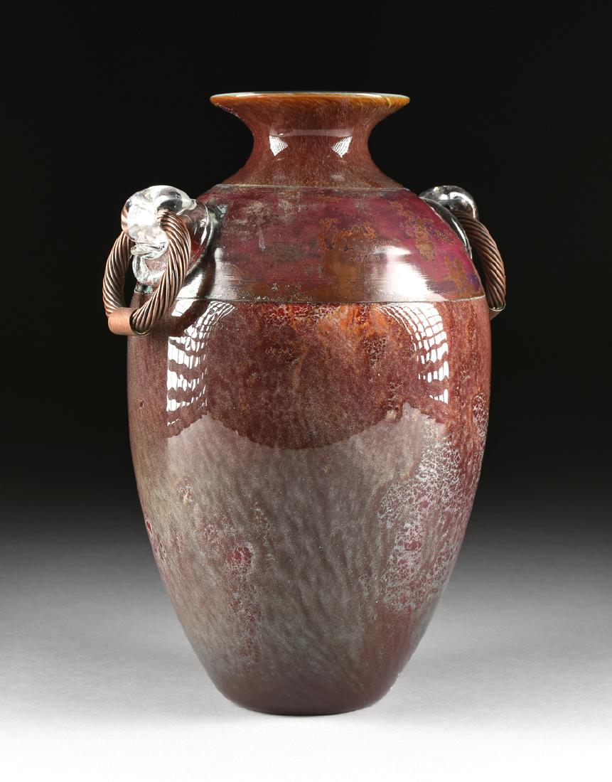 DAVID BENNETT (American b. 1941) A CASED BLOWN AND: DAVID BENNETT (American b. 1941) A CASED BLOWN AND PAINTED GLASS AND BRAIDED COPPER VASE, ALKI GLASSWORKS, POULSBO, WASHINGTON, 1995, of baluster form in mottled bronze, pink, and purple glass, with p