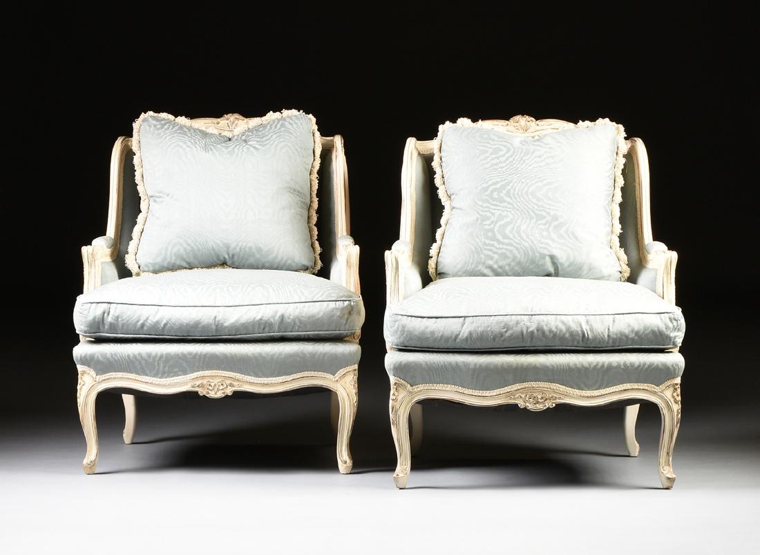 A PAIR OF LOUIS XV STYLE CARVED AND PAINTED UPHOLSTERED (1 of 9)
