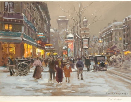 EDOUARD CORTES (French 1882-1969) A lithograph, ": EDOUARD CORTES (French 1882-1969) A lithograph, "Paris Streetscene with Snow," 35/350 on paper, signed in Ink Ed Cortes. 17 14/" x 22 3/4". Framed.