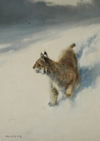 MANFRED SCHATZ (German 20th Century) A painting,: MANFRED SCHATZ (German 20th Century) A painting, "An Encounter with a Lynx," oil on board, signed. 13" x 9". Framed.