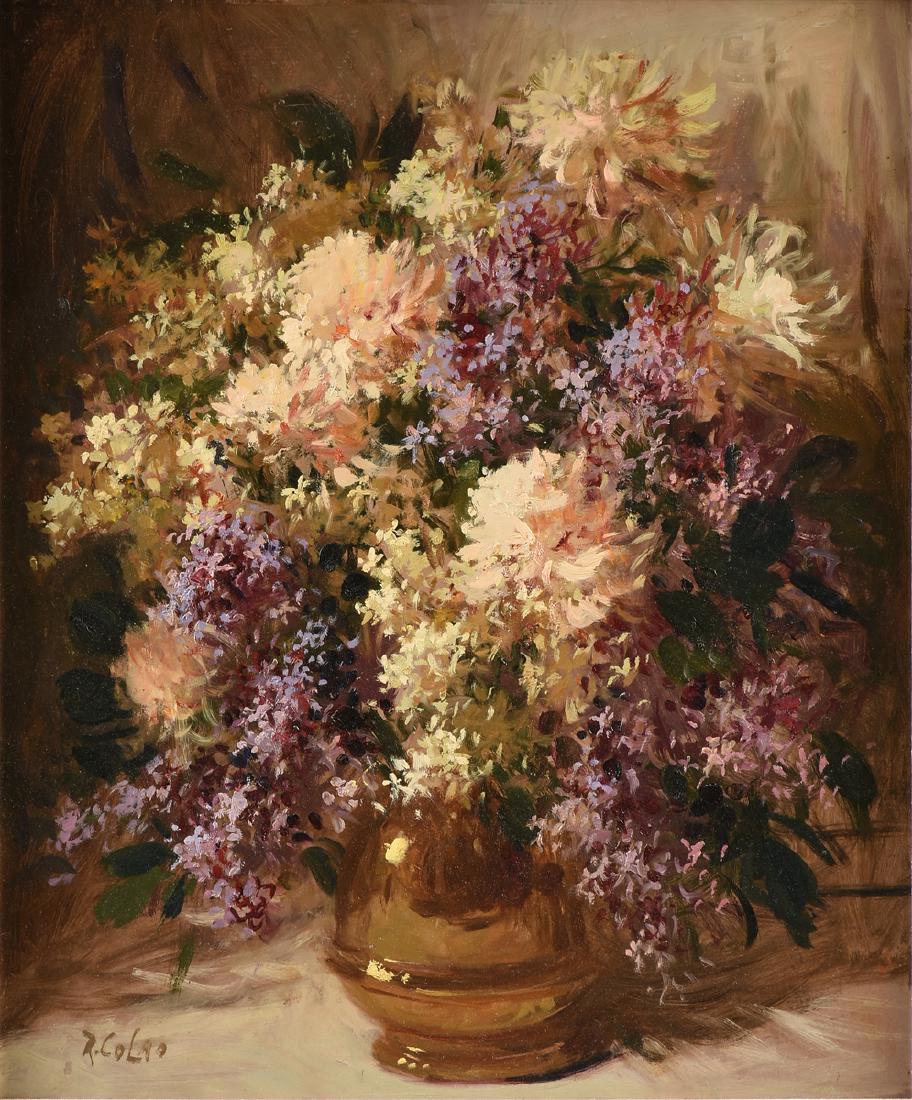 RUDOLPH COLAO (American 1927-2014) A PAINTING, "Floral: RUDOLPH COLAO (American 1927-2014) A PAINTING, "Floral Still Life," oil on panel, signed L/L. 24" x 20"