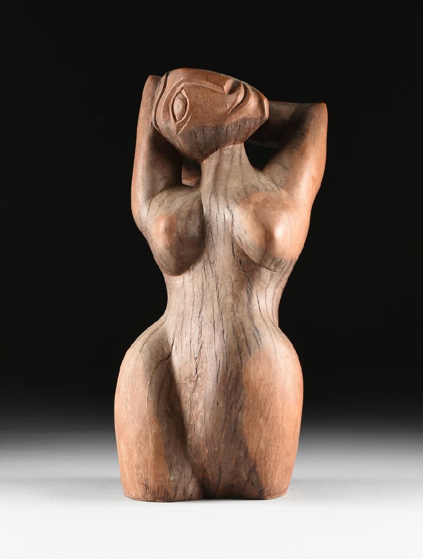 after PABLO PICASSO ( Spanish 1881-1973 ) A CUBIST: after PABLO PICASSO ( Spanish 1881-1973 ) A CUBIST STYLE HARDWOOD SCULPTURE, "Woman with her Arms Raised," inscribed in monogram "G" at base, mid 20th century. Height: 21 1/2" Width: 10" Depth: 7"