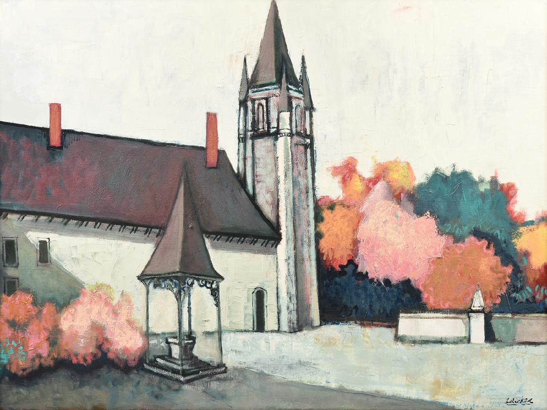 DAVID ADICKES (American b. 1927) A PAINTING, "The: DAVID ADICKES (American b. 1927) A PAINTING, "The Steeple," acrylic on panel, signed L/R. 35 1/2" x 47 1/2"