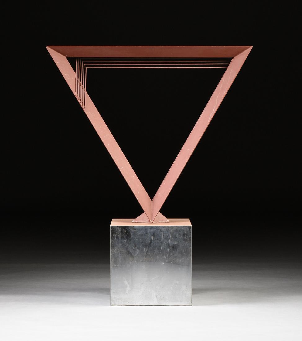 attributed CHARLES GINNEVER (American b. 1931) A: attributed CHARLES GINNEVER (American b. 1931) A PAINTED STEEL AND ROD SCULPTURE ON STAND, PUTNEY, VERMONT, CIRCA 1978-1980, of triangular form in brown/red painted angled steel with welded rods, moun