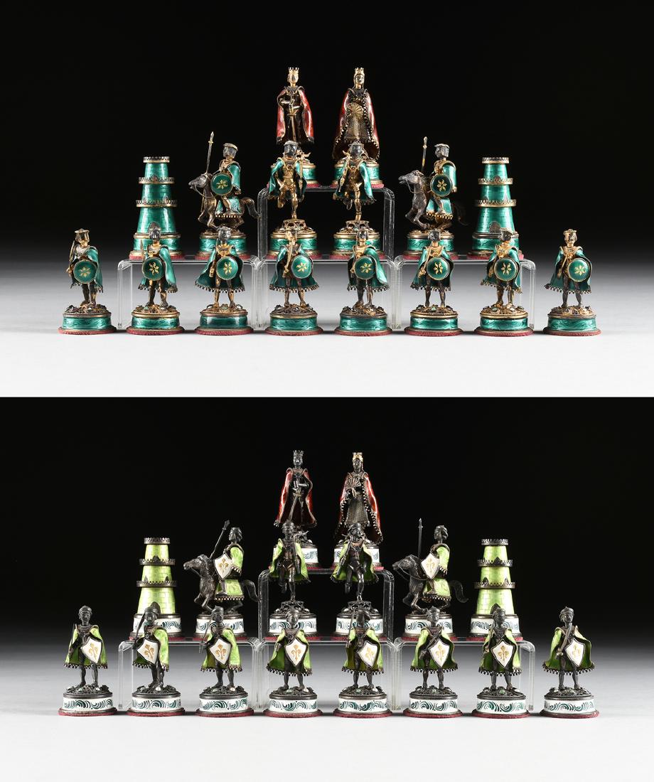 A GEM MOUNTED SILVER, SILVER GILT, AND ENAMEL CHESS SET (1 of 15)