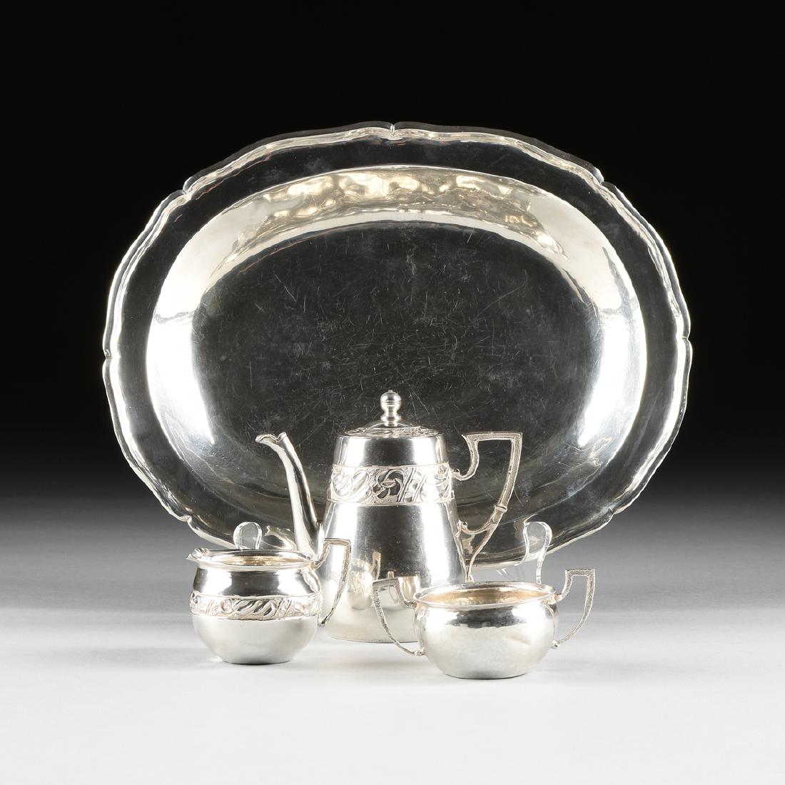 A THREE PIECE DITTRICH & SILBERFELD 900 STANDARD: A THREE PIECE DITTRICH & SILBERFELD 900 STANDARD SOLITAIRE TEA SET AND TRAY, CHILE, CIRCA 1950-1970, comprising an ovoid form tea pot with repoussé bands of stylized floral decoration along the shoul