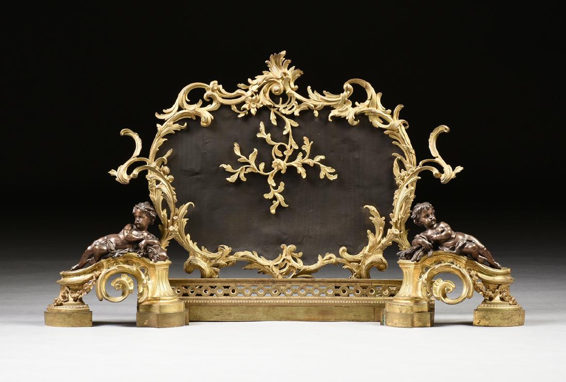 A LOUIS XV STYLE GILT BRONZE STANDING FIRE SCREEN AND (1 of 8)