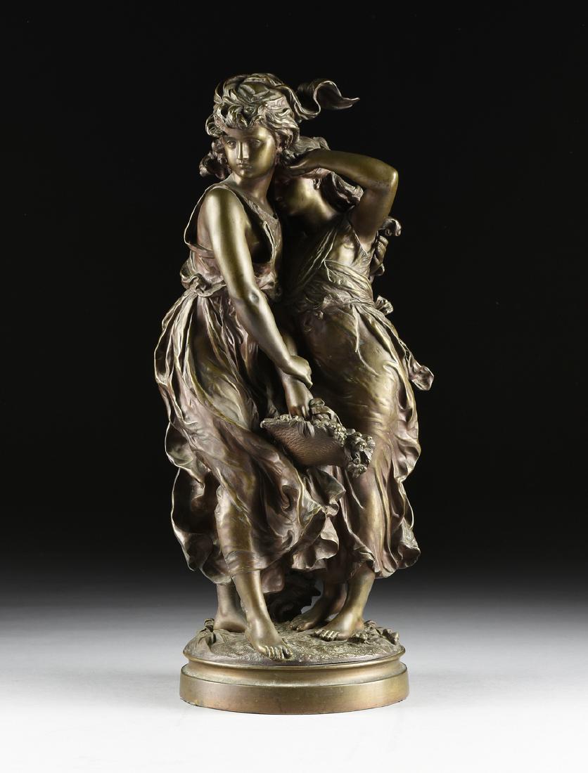 after HIPPOLYTE FRANCOIS MOREAU (American/French: after HIPPOLYTE FRANCOIS MOREAU (American/French 1832-1927) A SCULPTURE, "Two Young Maidens," cast patinated bronze, signed in bronze, on a circular base. Height: 20 1/2" Diameter: 10"