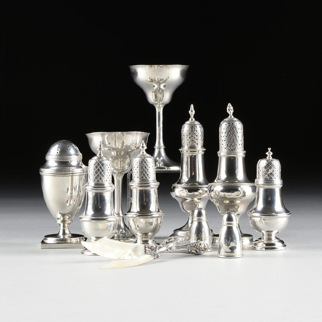 A GROUP OF TWELVE BRITISH AND AMERICAN STERLING SILVER: A GROUP OF TWELVE BRITISH AND AMERICAN STERLING SILVER TABLEWARES, CIRCA 1783-1930, comprising a S. Blackensee & Sons Ltd. George V period baluster form salt shaker with pierced top and acorn finial, 