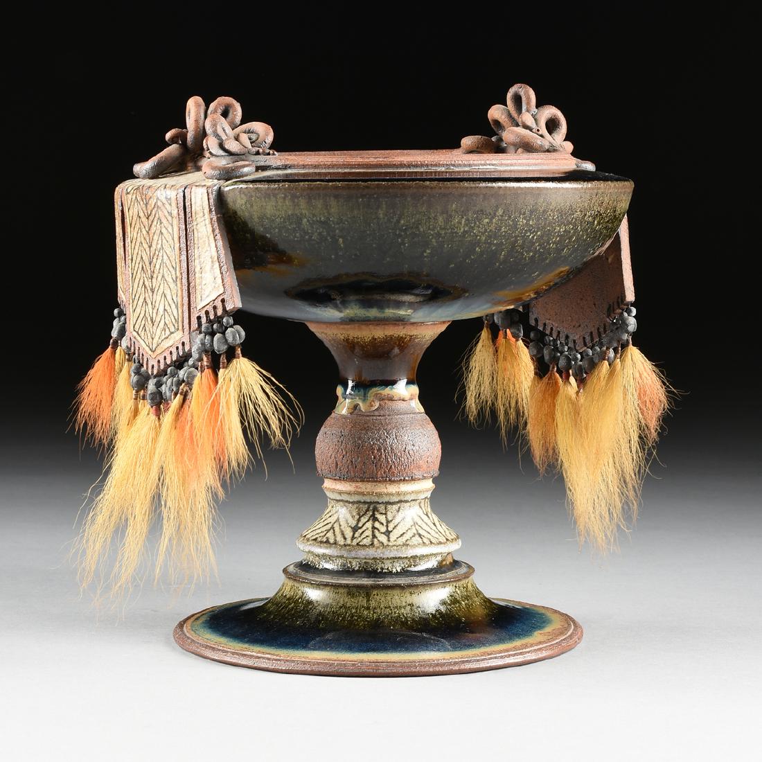 A HAND THROWN GLAZED STONEWARE BOWL ON STAND, AMERICAN, (1 of 9)