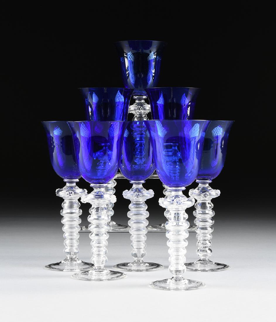 A SET OF EIGHT MOSER HAND BLOWN GLASS GOBLETS, KARLOY (1 of 5)