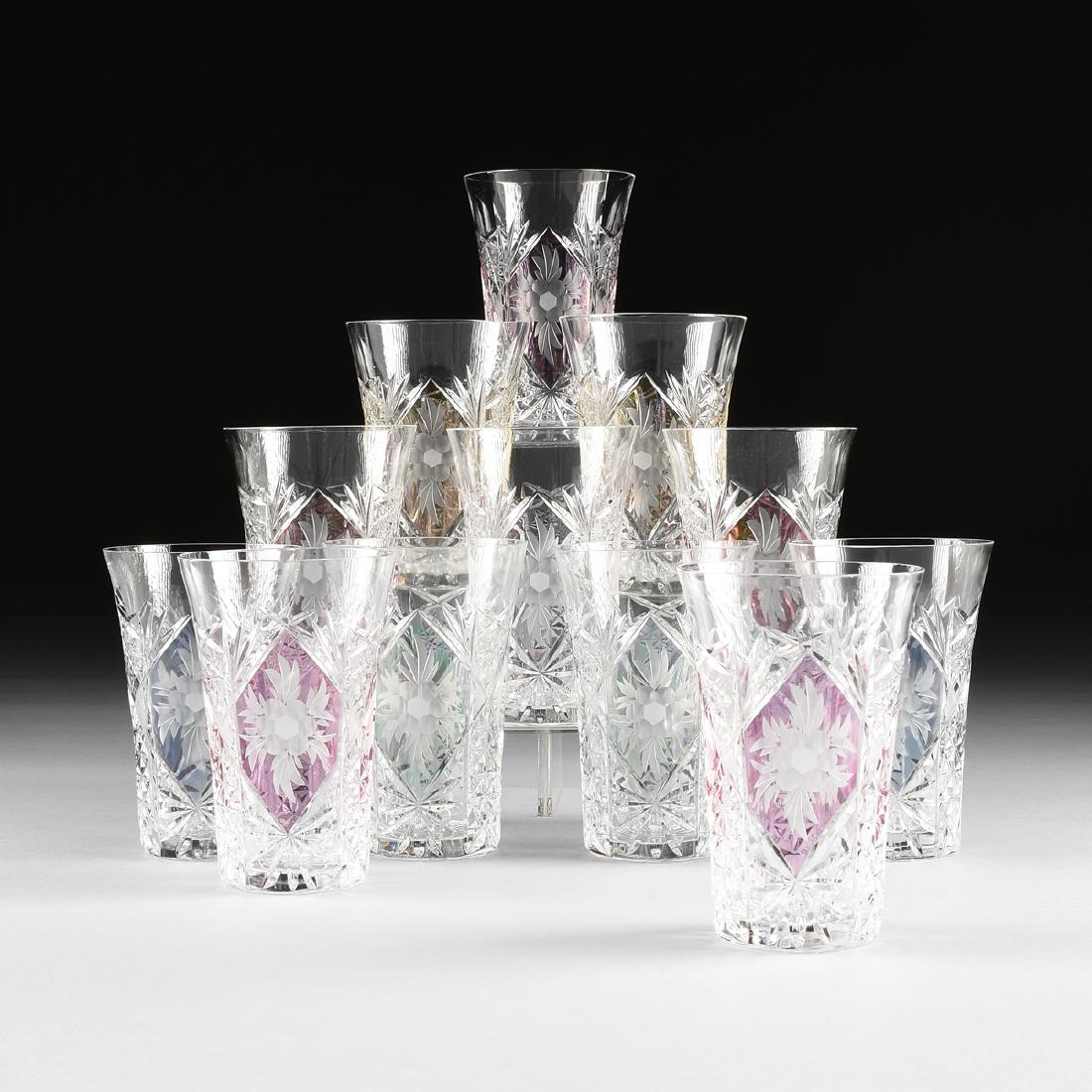 A SET OF TWELVE BOHEMIAN STYLE CUT, FLASHED, AND ETCHED: A SET OF TWELVE BOHEMIAN STYLE CUT, FLASHED, AND ETCHED GLASS TUMBLERS, CZECH REPUBLIC, LATE 20TH CENTURY, with flared lip and cut with panels of partial fan, hobstar, and triangular fields of strawbe