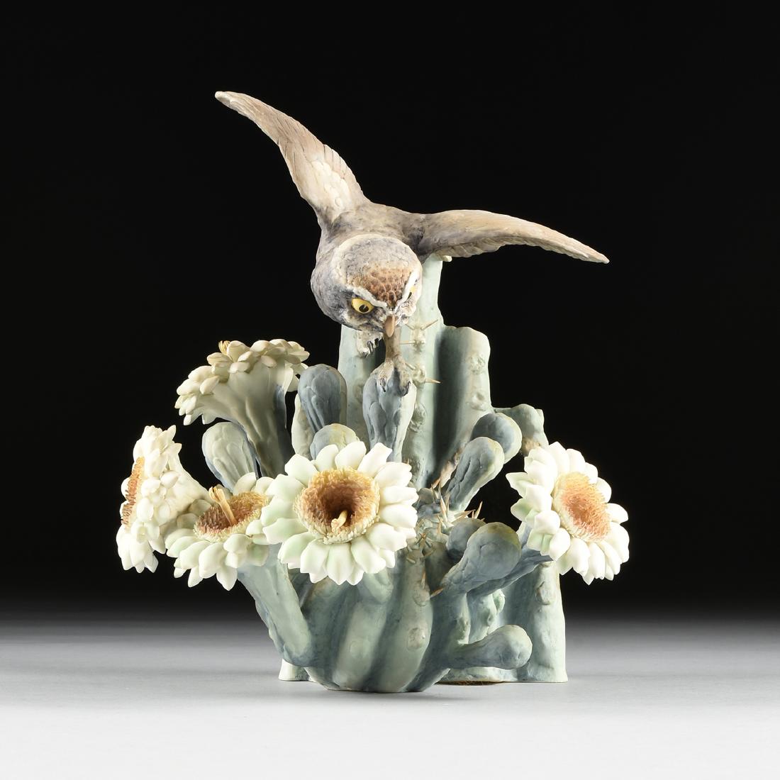 DOROTHY DOUGHTY (British 1892-1962) A POLYCHROME ENAMEL: DOROTHY DOUGHTY (British 1892-1962) A POLYCHROME ENAMEL DECORATED BISQUE BONE CHINA FIGURE OF A MOONLIGHT ELF OWL & GIANT SAGUARO, FOR ROYAL WORCESTER, CIRCA 1958, the realistically modeled and painte