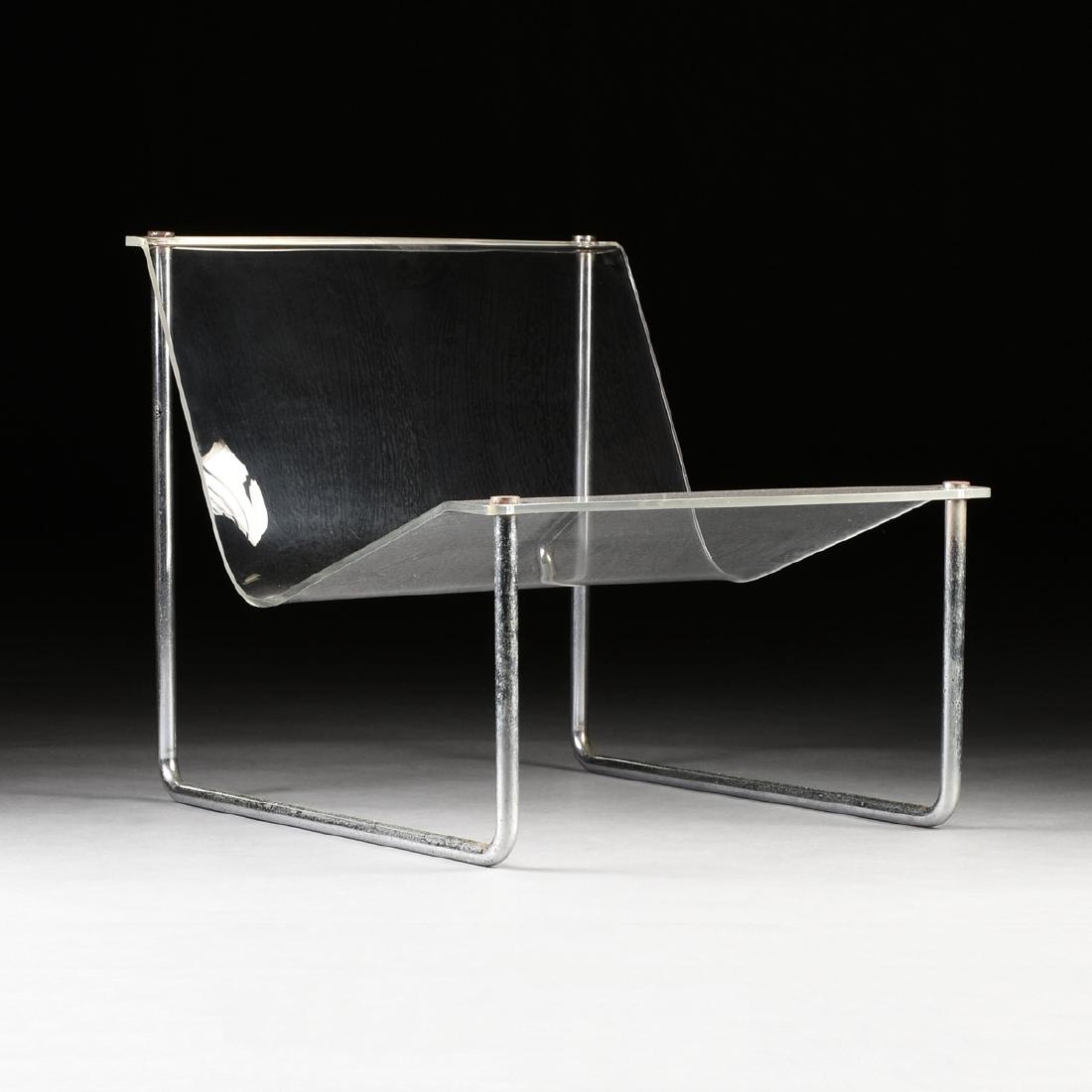CHARLES HOLLIS JONES (American b. 1945) AN ACRYLIC AND: CHARLES HOLLIS JONES (American b. 1945) AN ACRYLIC AND CHROME PLATED STEEL "AIRSTREAM" SLING CHAIR, FOR CHJ DESIGNS, LOS ANGELES, CALIFORNIA, DESIGNED 1968, constructed of two chrome plated tubular st