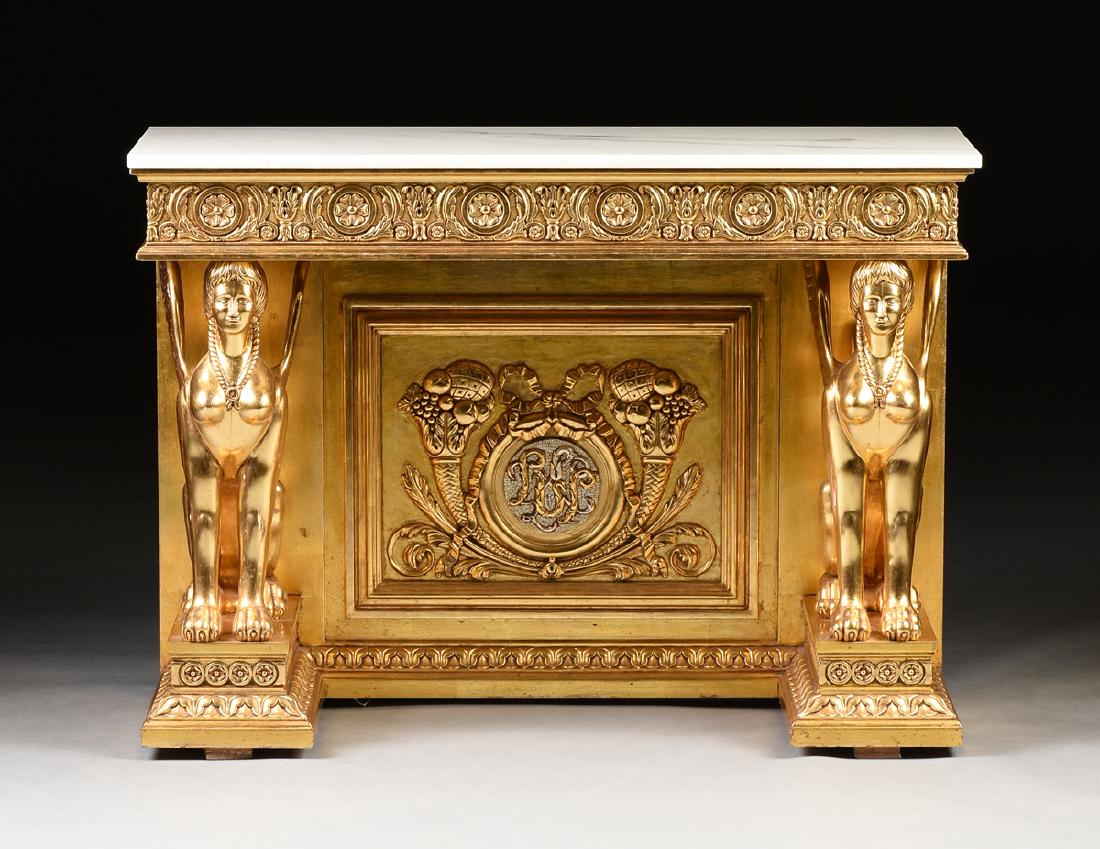 A FRENCH EMPIRE STYLE GILTWOOD GRANITE TOP CONSOLE, (1 of 10)