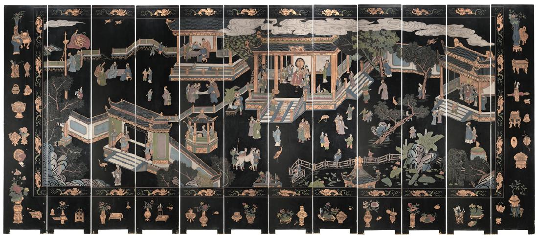 A CHINESE TWELVE PANEL COROMANDEL STYLE CARVED, GILT, (1 of 14)