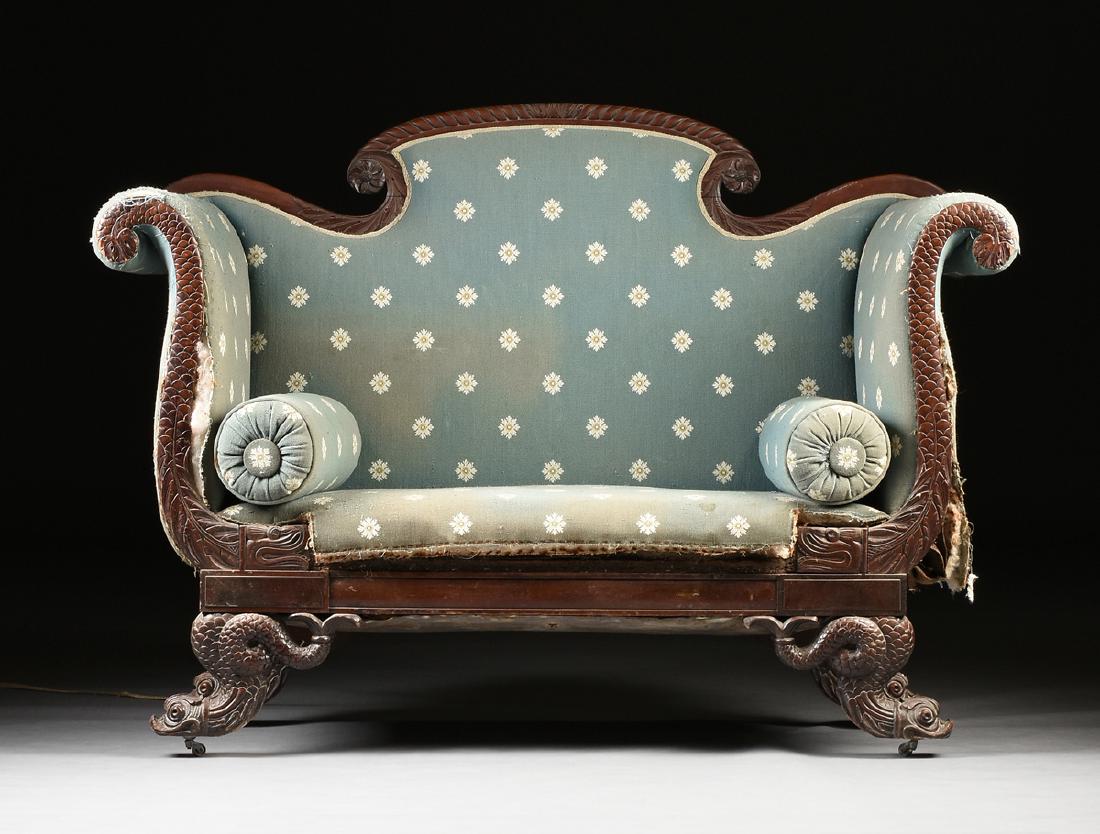 AN AMERICAN EMPIRE CARVED MAHOGANY HIGH ARM SETTEE, (1 of 8)