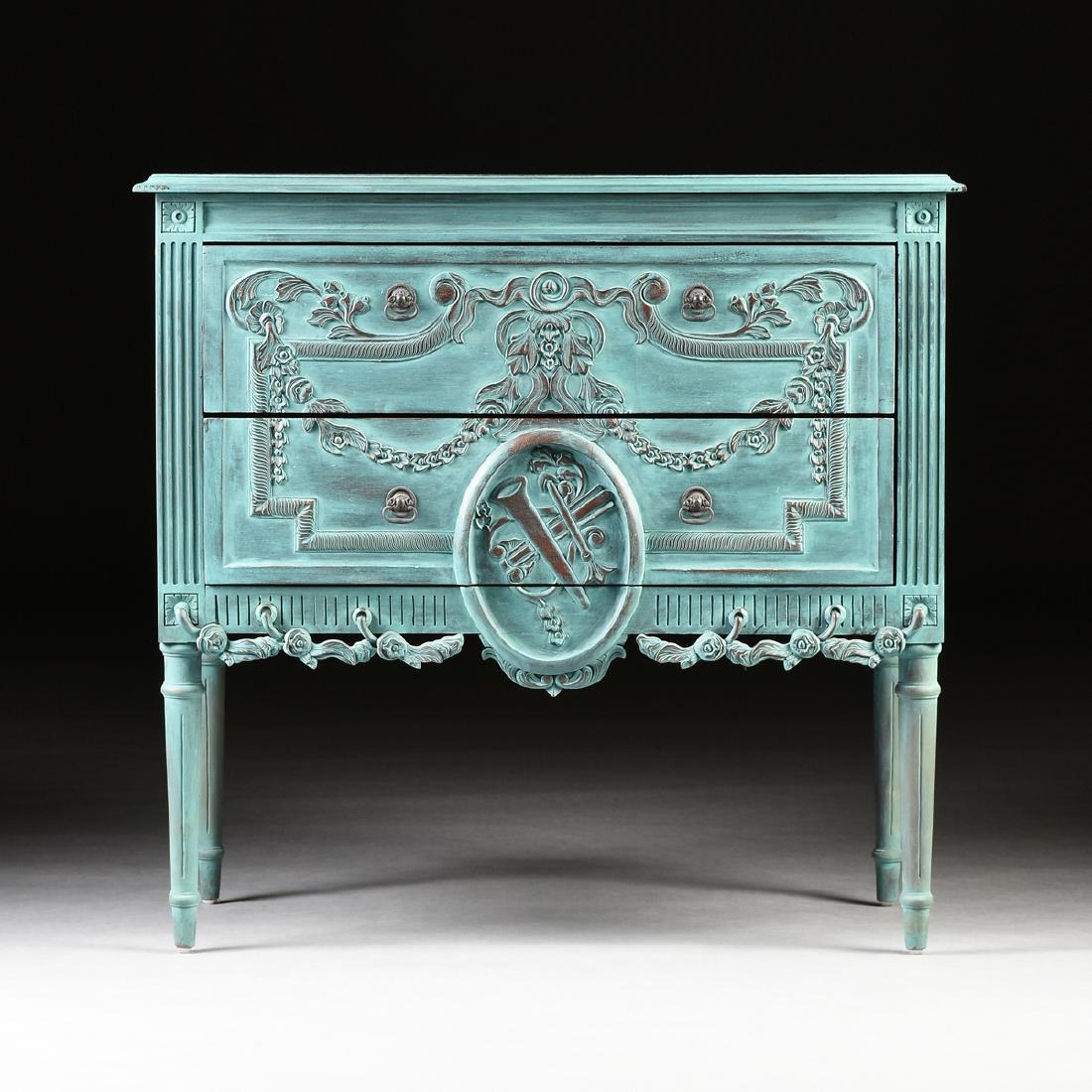 A LOUIS XVI STYLE POLYCHROME CARVED TEAK COMMODE, (1 of 9)