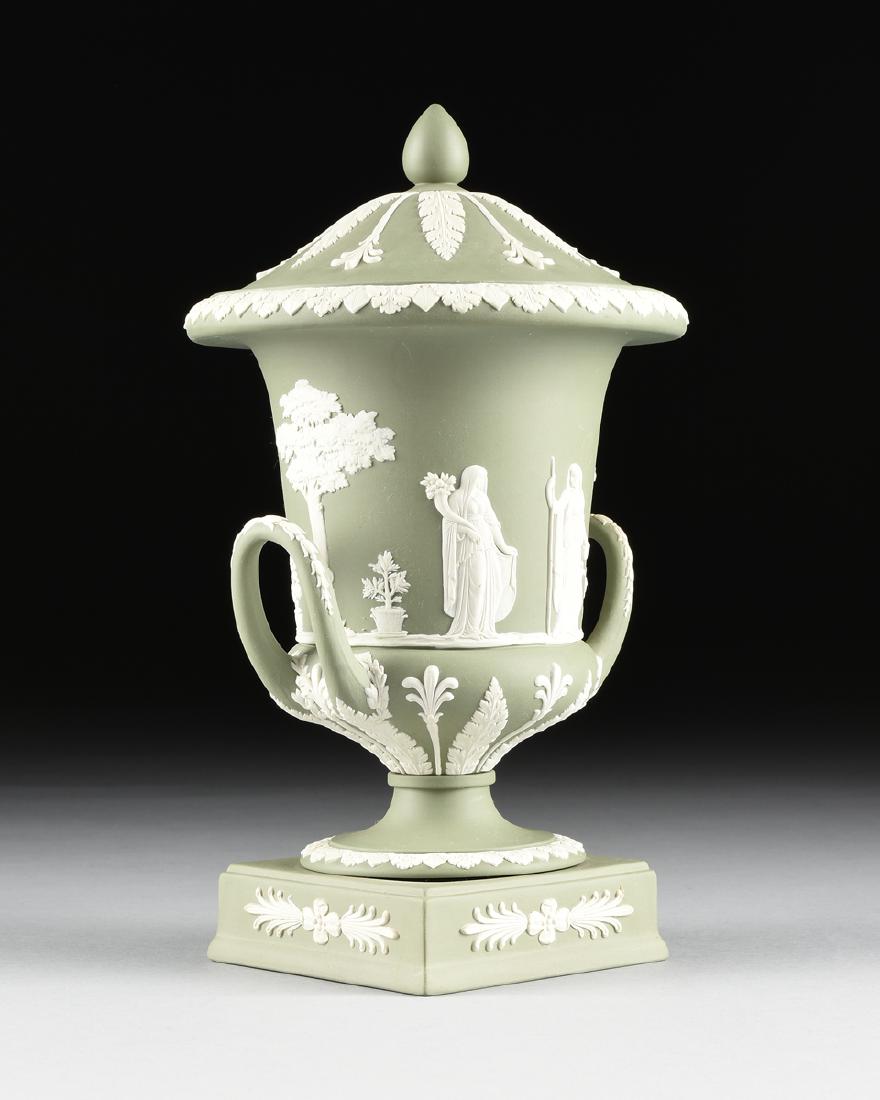 A WEDGWOOD SAGE GREEN JASPERWARE LIDDED CALYX KRATER ON (1 of 12)