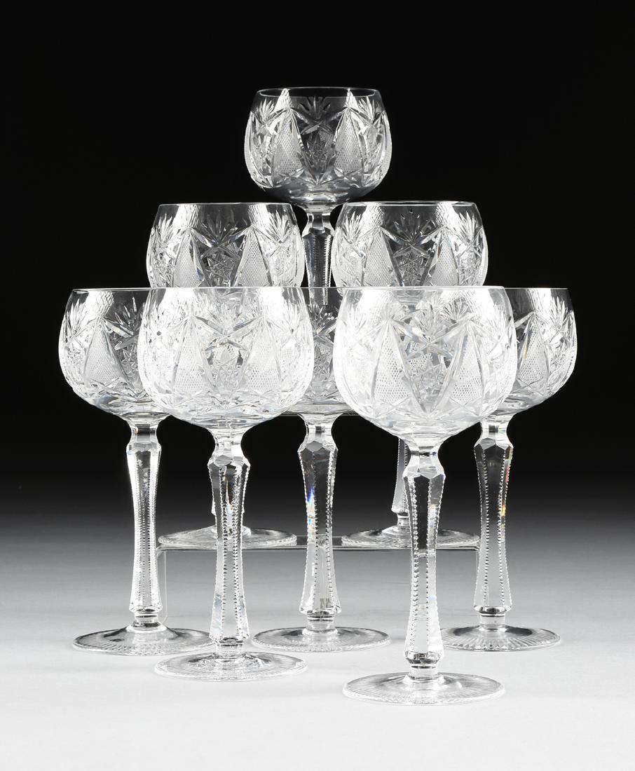 A SET OF EIGHT IMPERIAL CRYSTAL CUT CRYSTAL WATER: A SET OF EIGHT IMPERIAL CRYSTAL CUT CRYSTAL WATER GOBLETS IN THE "AVONDALE" PATTERN, PROBABLY CZECH REPUBLIC, CIRCA 1960-1970, with fan, hobstar, and strawberry cut bowl raised on cut baluster form st