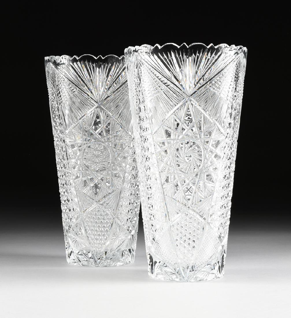 A NEAR PAIR OF AMERICAN BRILLIANT CUT GLASS WHEAT: A NEAR PAIR OF AMERICAN BRILLIANT CUT GLASS WHEAT PATTERN VASES, CIRCA 1900-1930, of tapering cylindrical form with rounded saw tooth rim over panels of fans flanked by banded wheat brooms framing, on