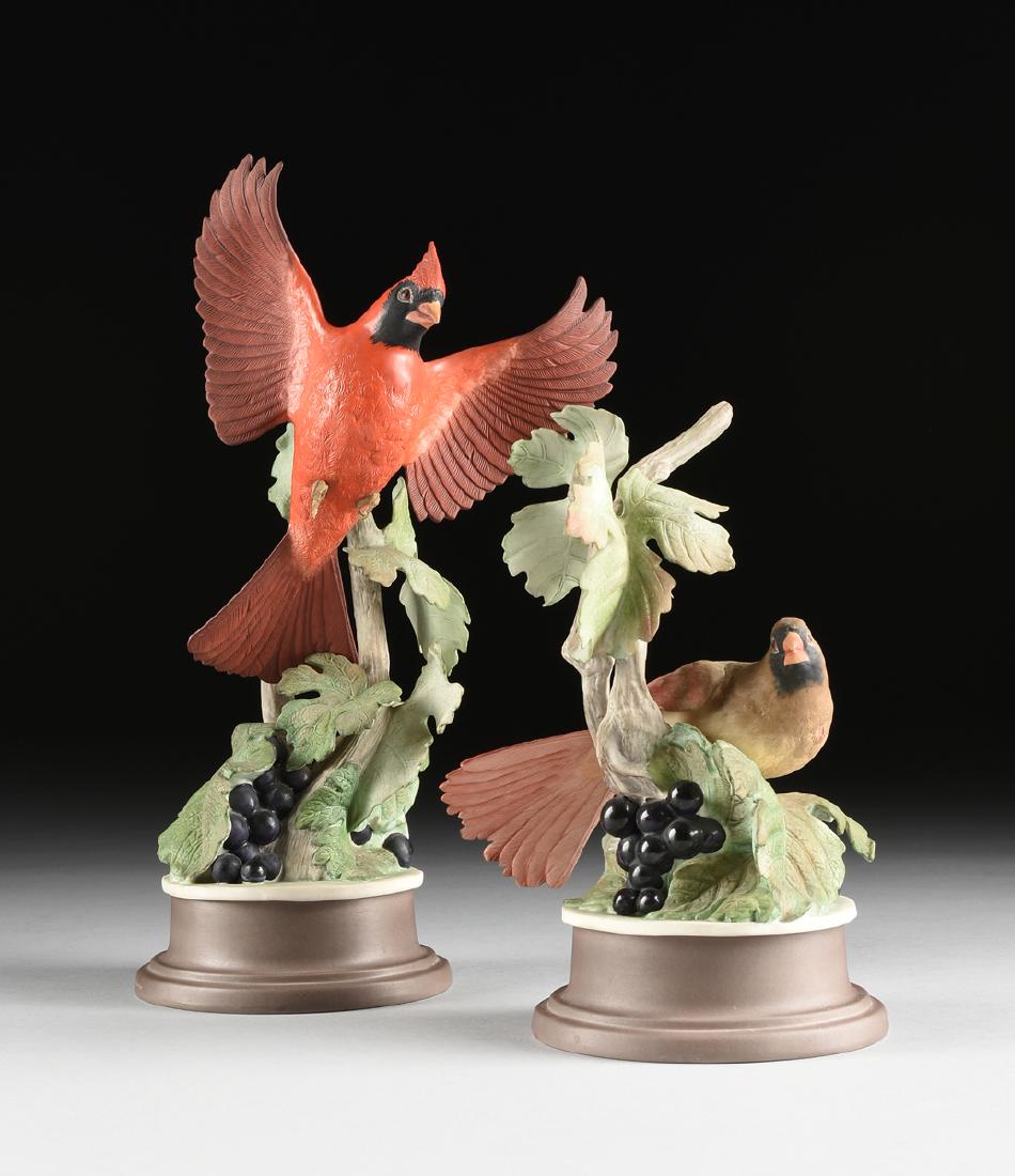 EDWARD MARSHALL BOEHM (American 1913-1969) A PAIR OF: EDWARD MARSHALL BOEHM (American 1913-1969) A PAIR OF POLYCHROME ENAMEL DECORATED BISQUE PORCELAIN BIRD FIGURES, MALE AND FEMALE CARDINALS, MODEL NO. 415, for Boehm Porcelain Co., Trenton, New Jersey,