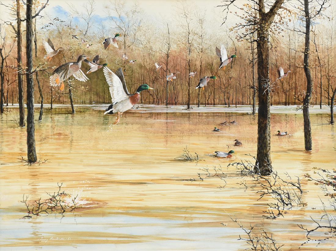TERRY BURLESON (American/Texas 20th Century) A: TERRY BURLESON (American/Texas 20th Century) A PAINTING, "Mallard Ducks in Flight," acrylic on artist board, signed L/L. 23 1/2" x 31 1/2"