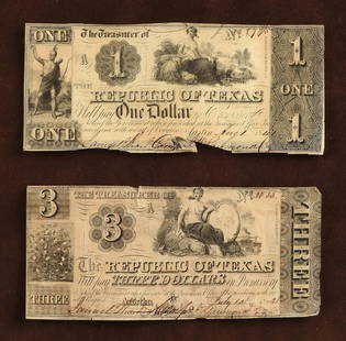 A REPUBLIC OF TEXAS CUT AND CANCELED ONE DOLLAR CHANGE: A REPUBLIC OF TEXAS CUT AND CANCELED ONE DOLLAR CHANGE NOTE, TOGETHER WITH A REPUBLIC OF TEXAS CUT AND CANCELED THREE DOLLAR CHANGE NOTE, AUSTIN, 1841, the one dollar promissory note dated August 1, 1