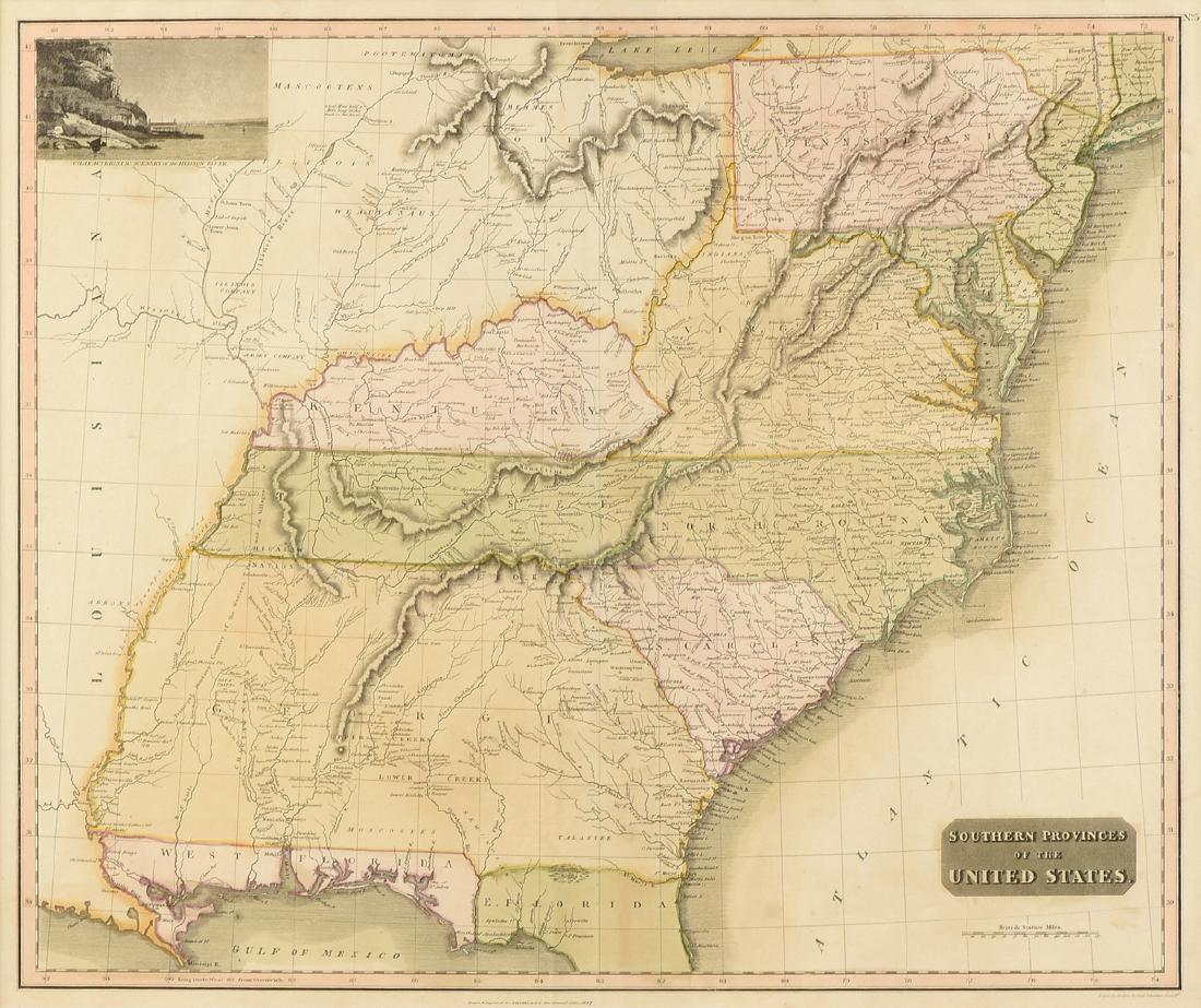 JOHN THOMSON (Scottish 1777-circa 1840) A HAND COLORED: JOHN THOMSON (Scottish 1777-circa 1840) A HAND COLORED MAP, "Southern Provinces of the United States," 1817, with an engraved view at the upper left quadrant of "Characteristic Scenery of the Hudson R