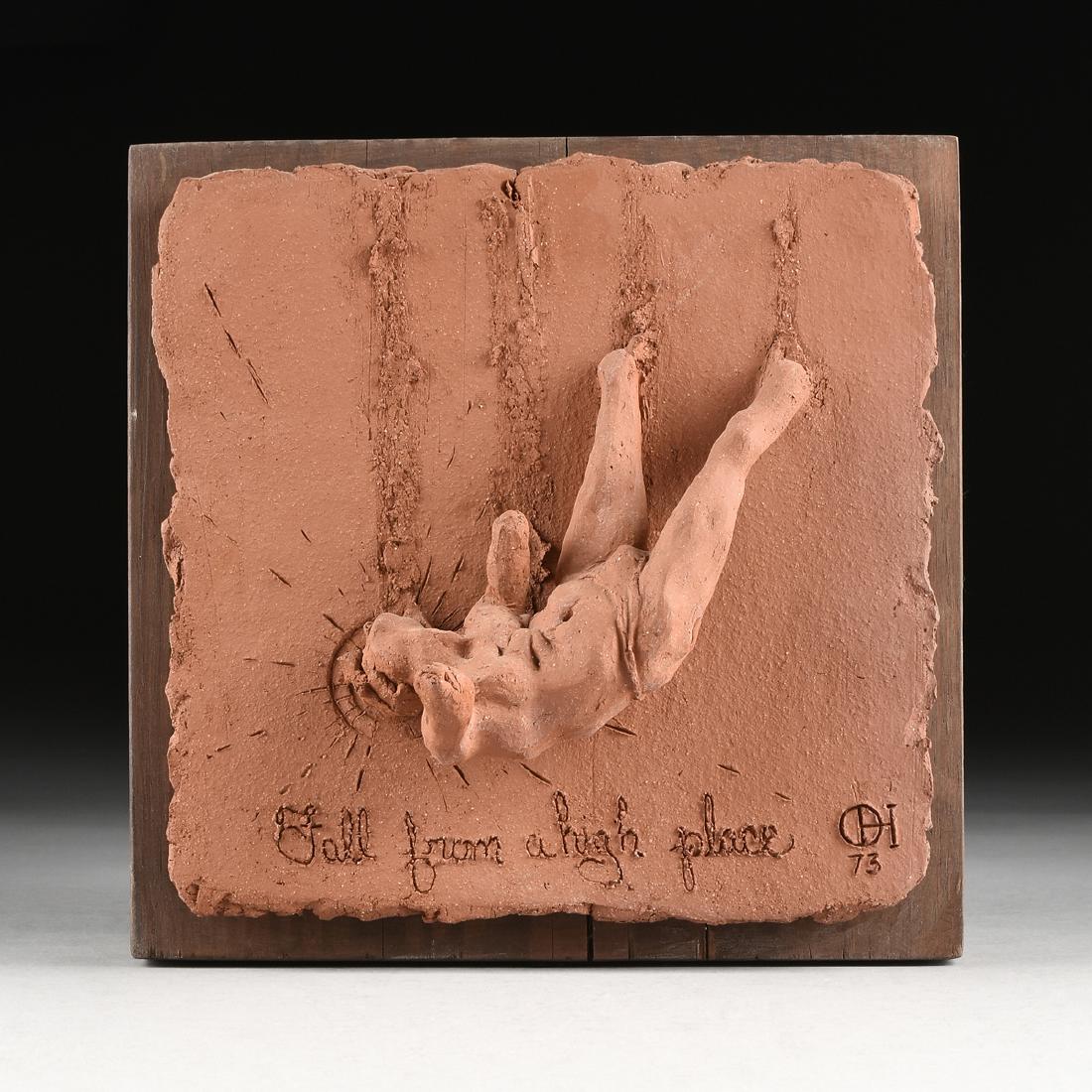 OTIS DARE HUBAND JR. (American/Texas b. 1933) A: OTIS DARE HUBAND JR. (American/Texas b. 1933) A SCULPTURE, "Fall From a High Place," clay, dated '73 and signed L/R.