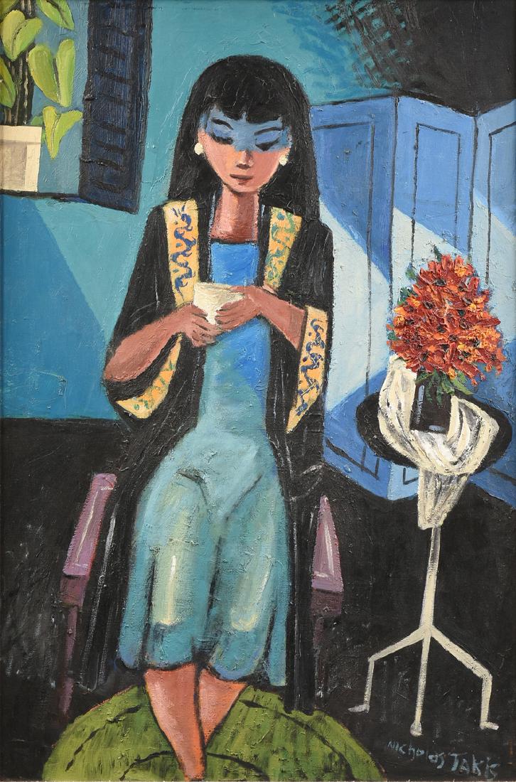 NICHOLAS TAKIS (American 1903-1965) A PAINTING, "La: NICHOLAS TAKIS (American 1903-1965) A PAINTING, "La Fille Chinoise," oil on canvas, signed L/R, titled verso. 36" x 24"