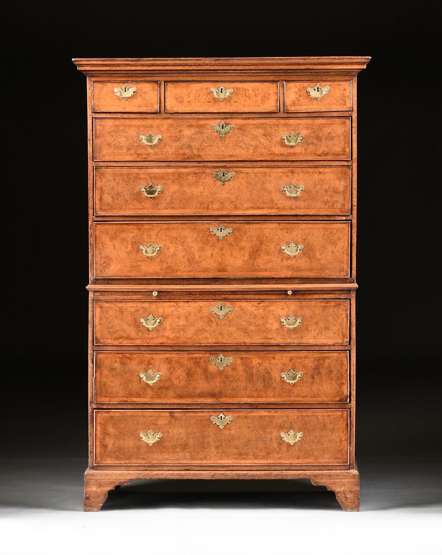 A VENEERED BURR ELM, MAPLE AND OAK CHEST ON CHEST, (1 of 11)