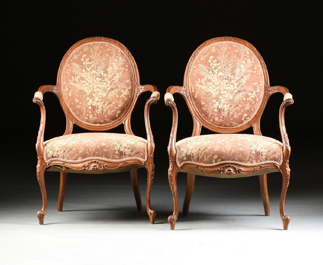 A PAIR OF TRANSITIONAL LOUIS XV/XVI STYLE CARVED WALNUT (1 of 8)