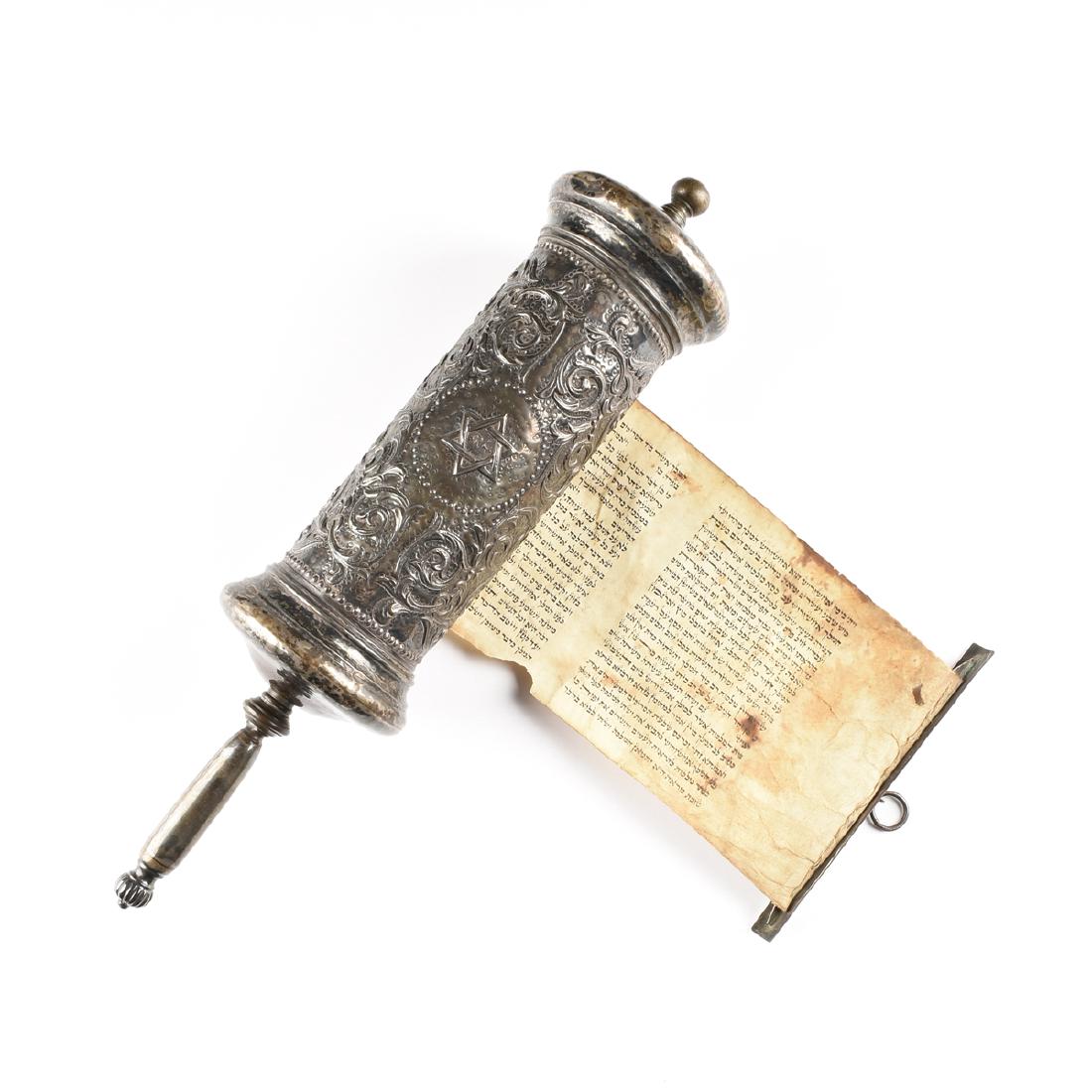 A JUDAICA SILVER PLATE CASED VELLUM MEGILLAH SCROLL, (1 of 13)