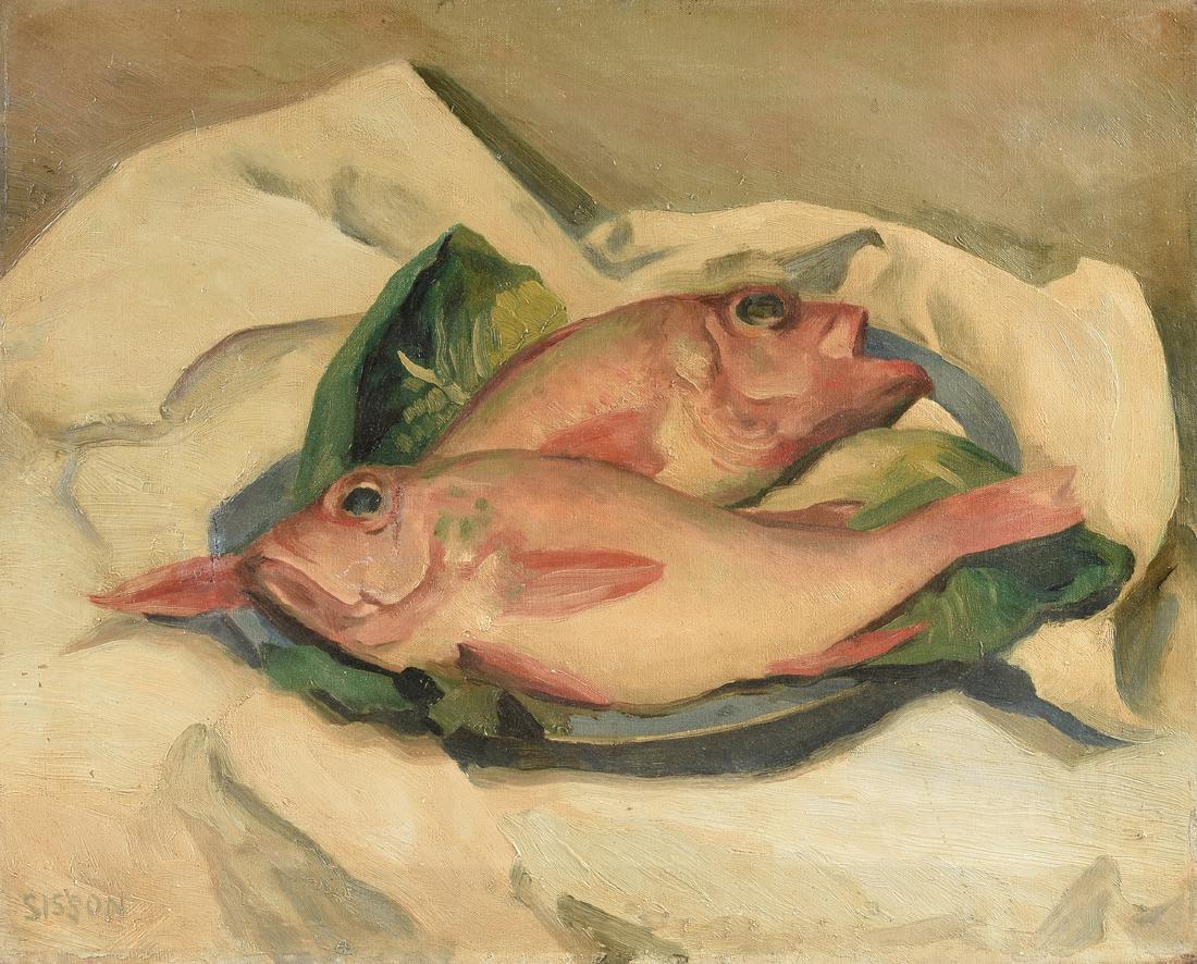 FREDERICK RHODES SISSON (American 1893-1962) A: FREDERICK RHODES SISSON (American 1893-1962) A PAINTING, "Redfish," oil on canvas, sighed L/L. 16 1/4" x 20 1/4"