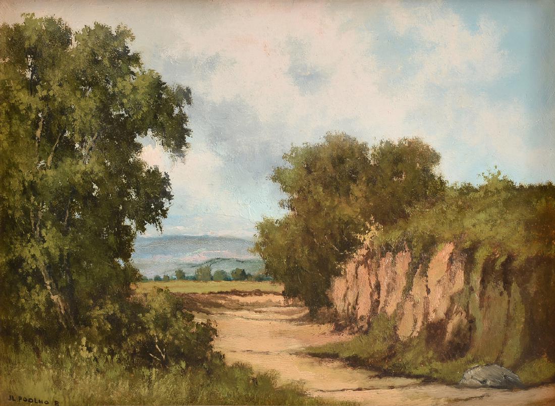 JOSE LUIS POOLHO BENITEZ (Mexican 1931-2001) A: JOSE LUIS POOLHO BENITEZ (Mexican 1931-2001) A PAINTING, "Landscape," oil on masonite, signed L/L. 12" x 15 1/2"