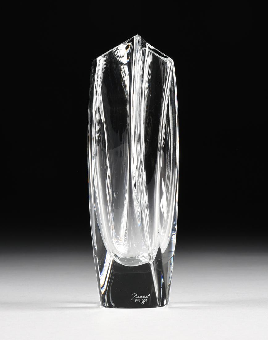 ROBERT RIGOT (French 20th Century) A CASED BACCARAT: ROBERT RIGOT (French 20th Century) A CASED BACCARAT MOLDED CRYSTAL BUD VASE IN THE "GIVERNY" PATTERN, DESIGNED 1990, the flaring vase of "twisted" rib form, acid etched manufacturer's logo, engraved "