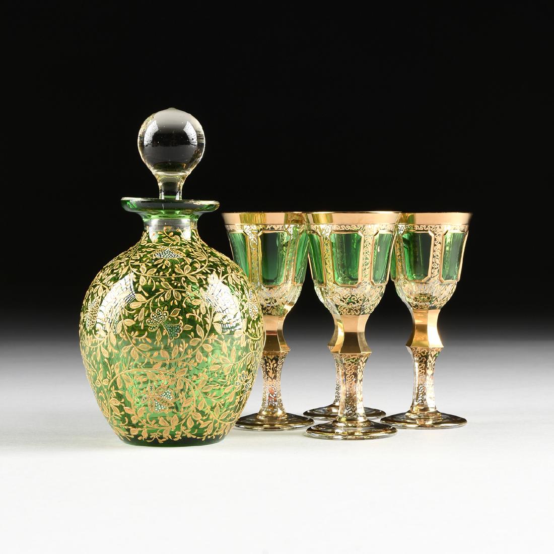 A GROUP OF FIVE CZECH GILT DECORATED GREEN GLASS ITEMS, (1 of 10)