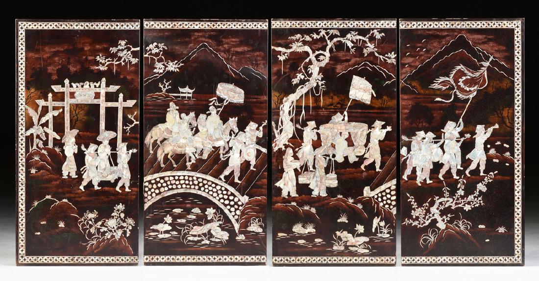 A VIETNAMESE FOUR PANEL MOTHER-OF-PEARL INLAID (1 of 15)