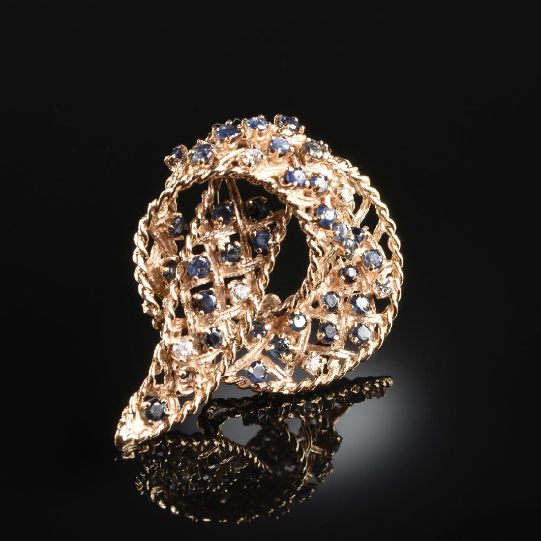 A 14K YELLOW GOLD, DIAMOND, AND SAPPHIRE LADY'S BROOCH, (1 of 3)