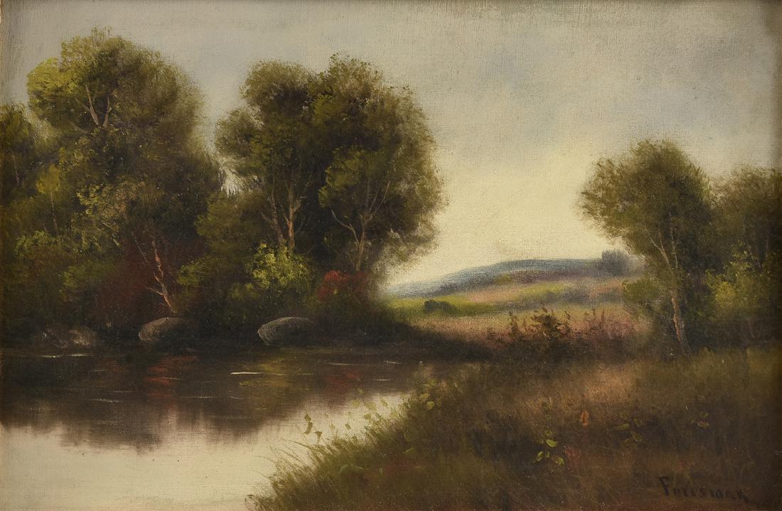 attributed ALICE CARTER FORESMAN (American 1868-1958) A: attributed ALICE CARTER FORESMAN (American 1868-1958) A PAINTING, "Stream with Three Rocks in Landscape," oil on canvas, signed L/R. 11 1/2" x 17 1/2"