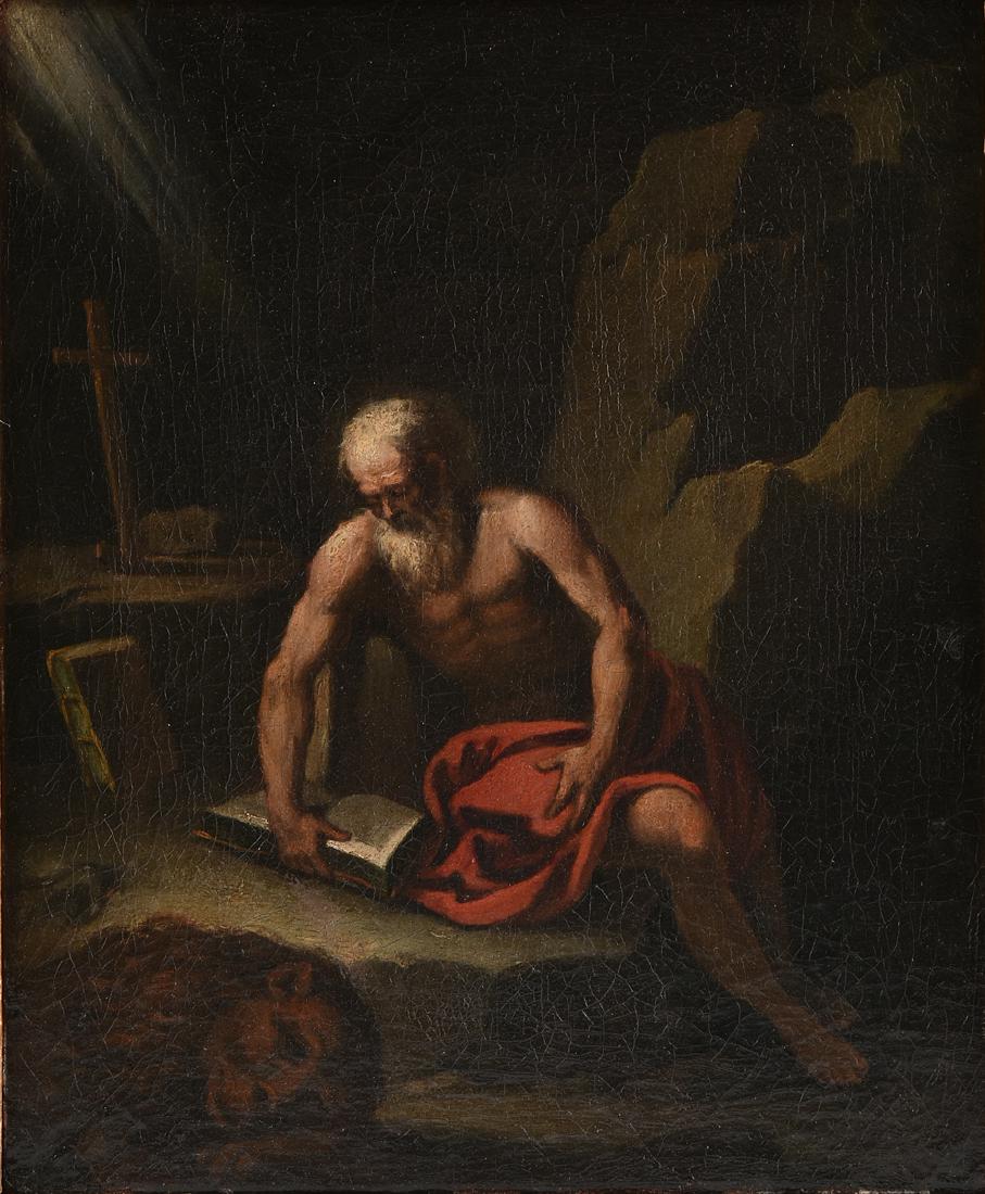 after GUIDO RENI (Italian 1575-1642) A CONTINENTAL: after GUIDO RENI (Italian 1575-1642) A CONTINENTAL BAROQUE STYLE PAINTING, "St. Jerome Reading," 18TH CENTURY, oil on canvas, unsigned. 12 1/4" x 10" NOTE: The composition of this painting is repeated