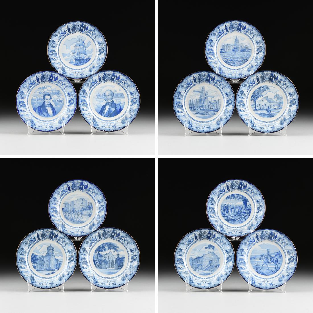 A SET OF TWELVE MORITZ ZDEKAUER GILT TRIMMED BLUE AND: A SET OF TWELVE MORITZ ZDEKAUER GILT TRIMMED BLUE AND WHITE TRANSFER PRINTED PORCELAIN COMMEMORATIVE TEXAS CENTENNIAL SOUVENIR PLATES, ALTROHLAU, CZECHOSLOVAKIA, CIRCA 1936, the set with the logo of t
